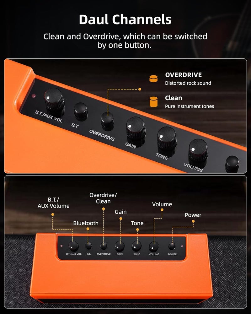 LEKATO Mini Guitar Amplifier with Clean Overdrive Effects 5W Rchargeable Electric Guitar Amp Small Bass Amplifier Bluetooth Bass Amplifier for Daily Practice,Orange - Image 2